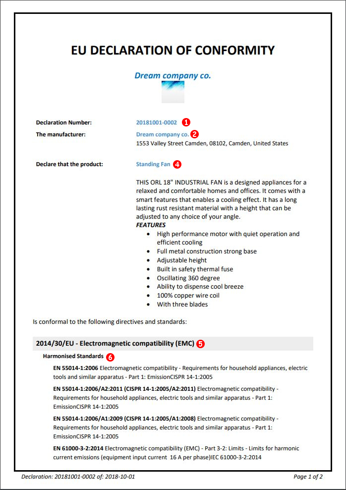 Example of a declaration of conformity CE Marking assistant